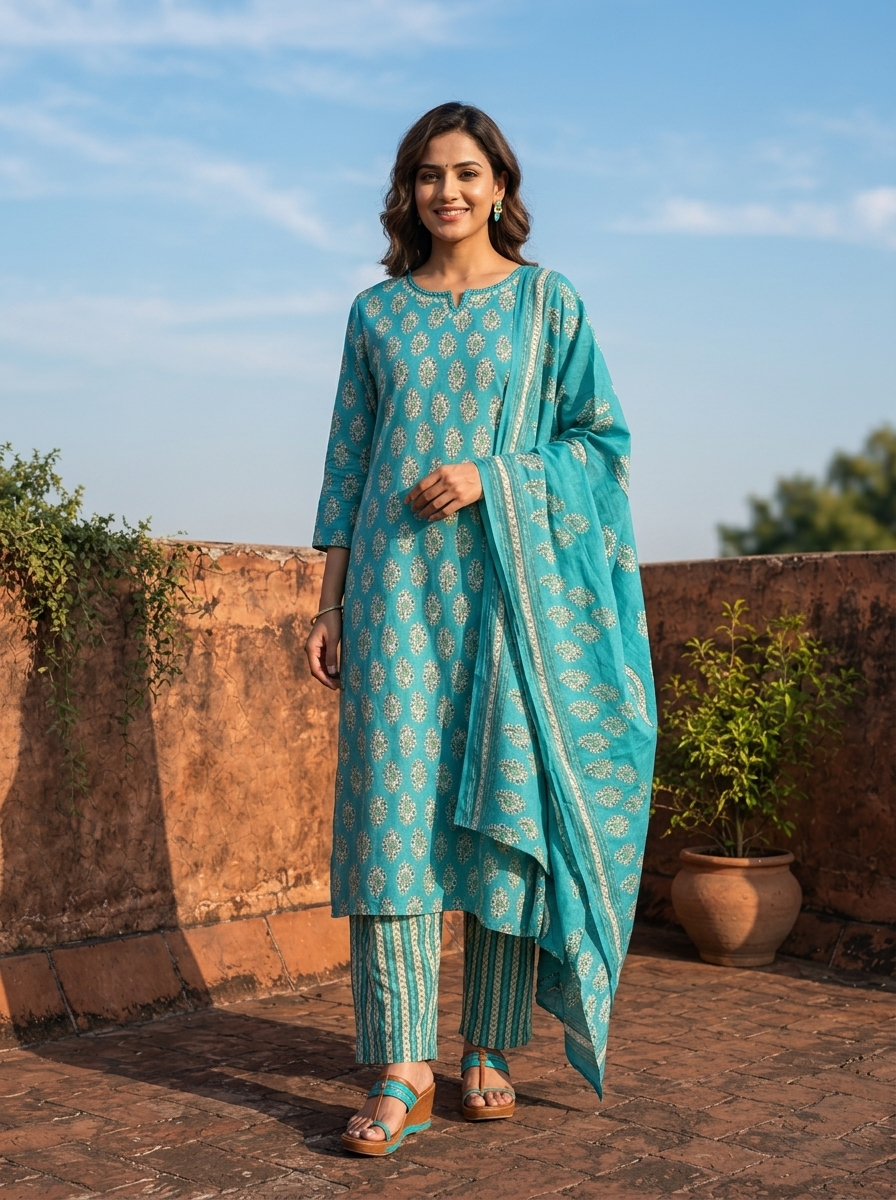 Rama Silk Booti Block Printed Three Piece Set