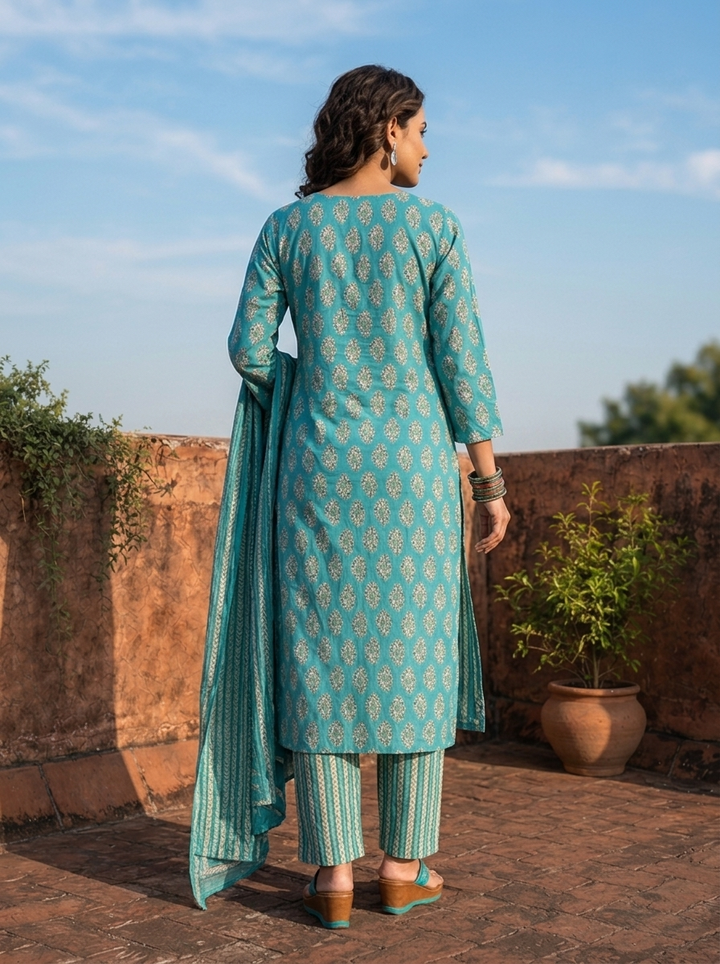 Rama Silk Booti Block Printed Three Piece Set