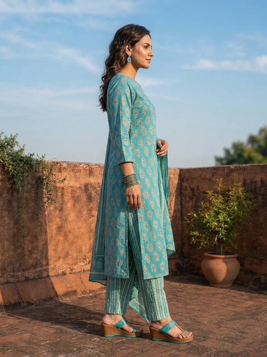 Rama Silk Booti Block Printed Three Piece Set