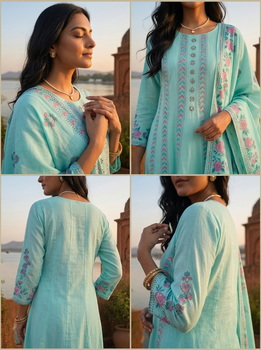 Sky Blue Cotton Arrow Panels Printed Three Piece Set