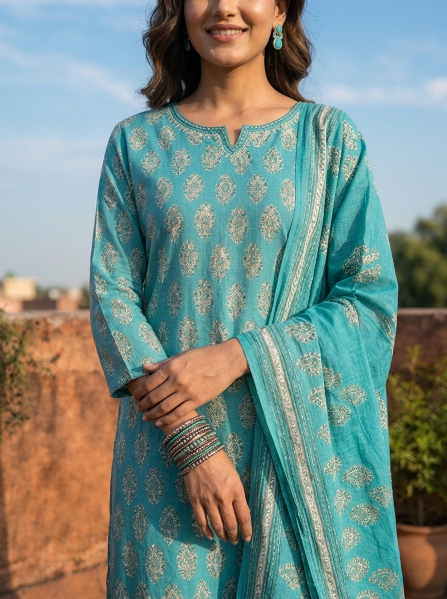 Rama Silk Booti Block Printed Three Piece Set