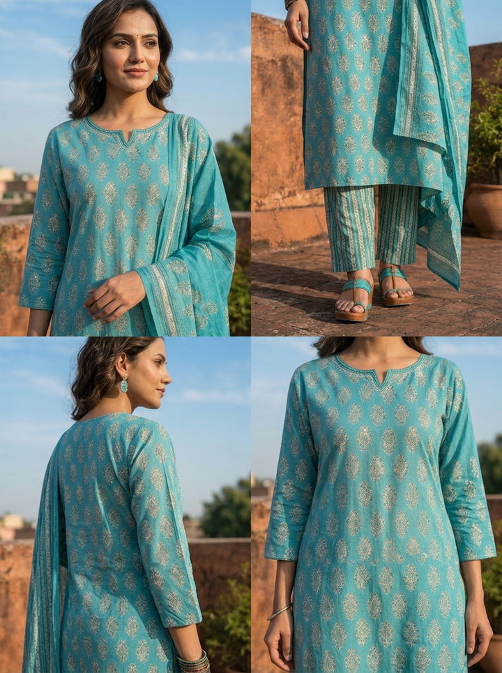 Rama Silk Booti Block Printed Three Piece Set