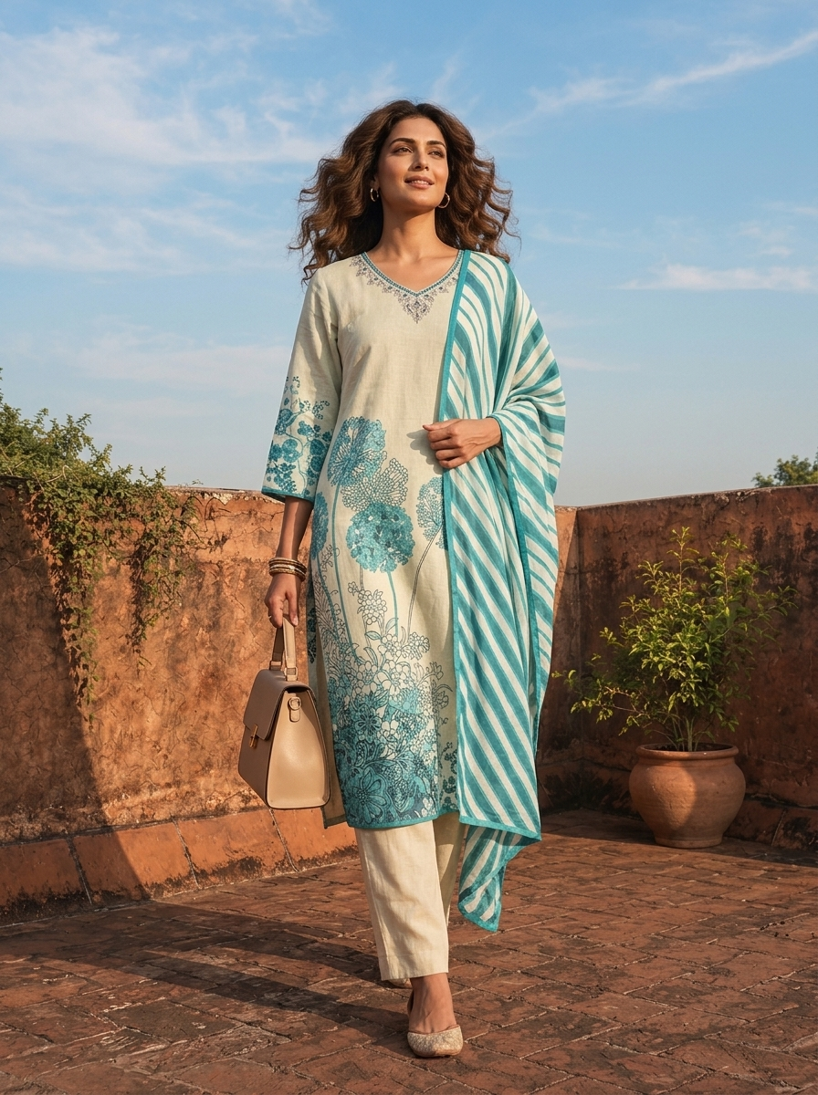 Rama Cotton Modern Placement Printed Three Piece Set