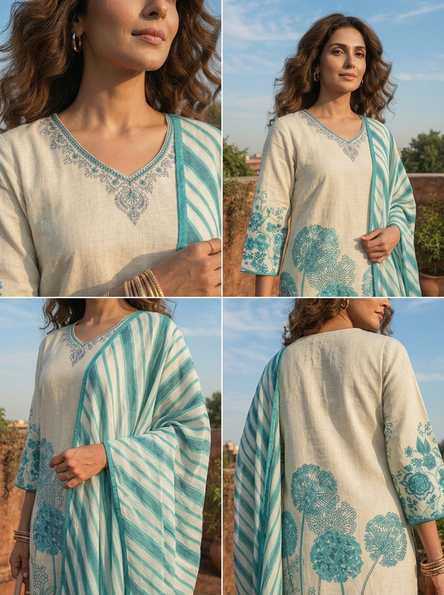 Rama Cotton Modern Placement Printed Three Piece Set