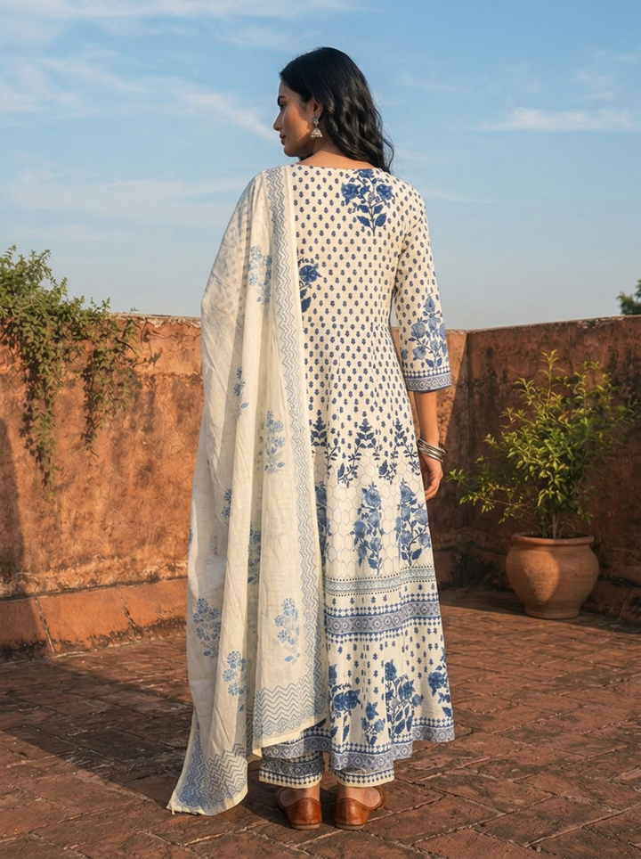 Blue Cotton Floral Block Printed Three Piece Set