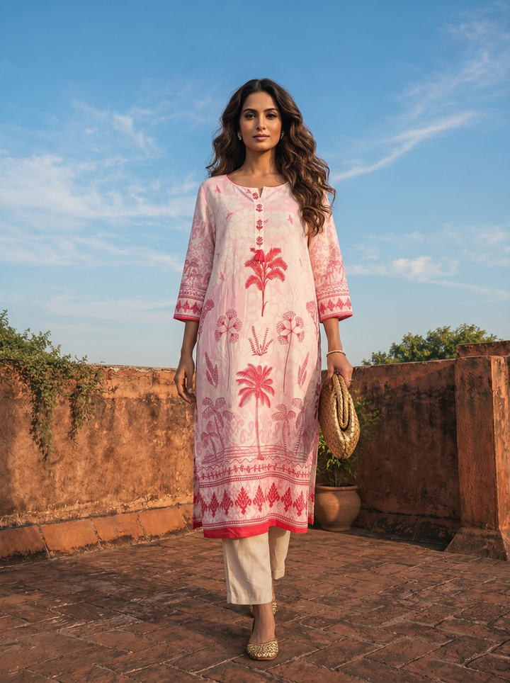 Pink Cotton Palm Tree Printed Three Piece Set