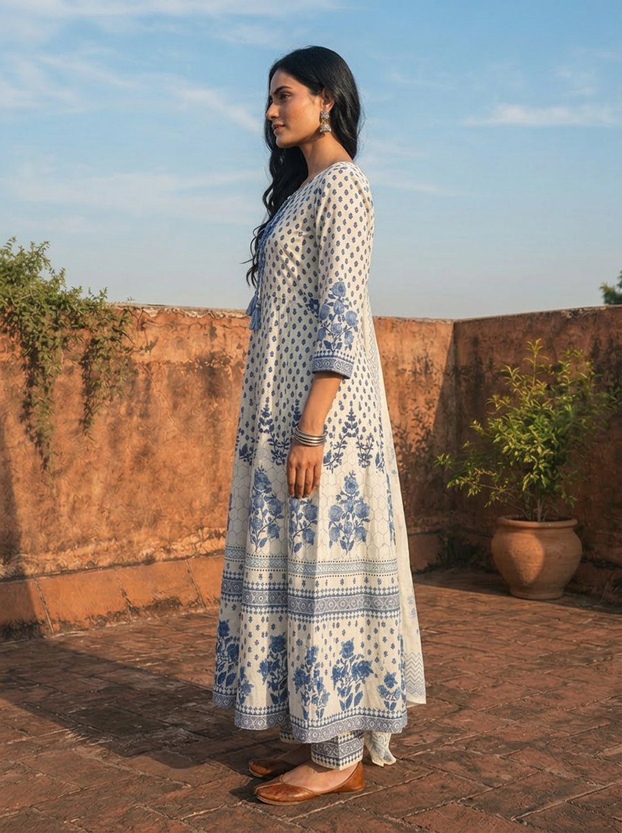 Blue Cotton Floral Block Printed Three Piece Set