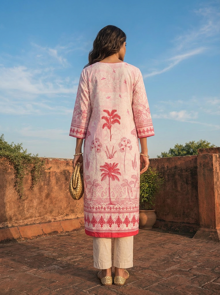 Pink Cotton Palm Tree Printed Three Piece Set