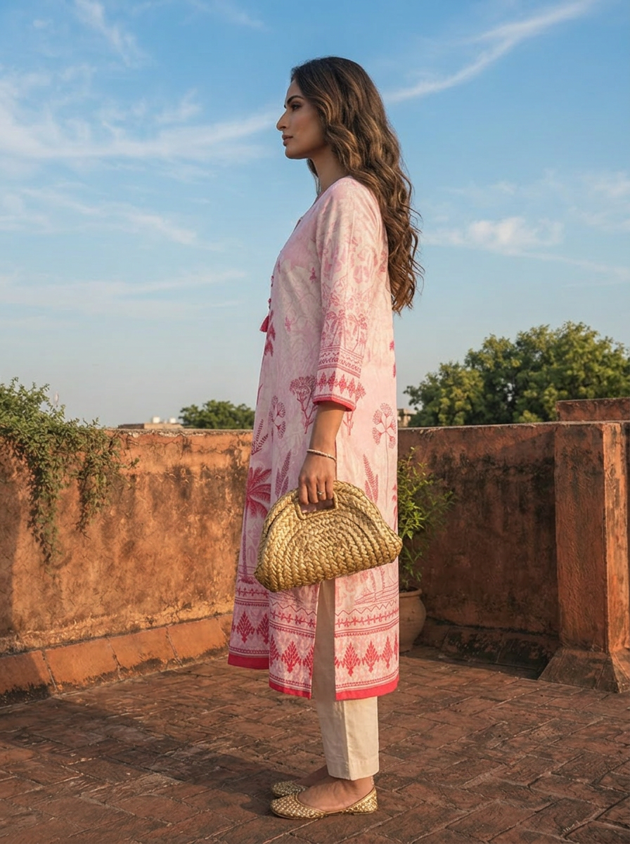Pink Cotton Palm Tree Printed Three Piece Set