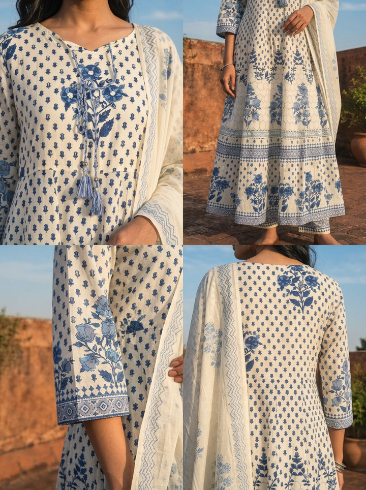 Blue Cotton Floral Block Printed Three Piece Set