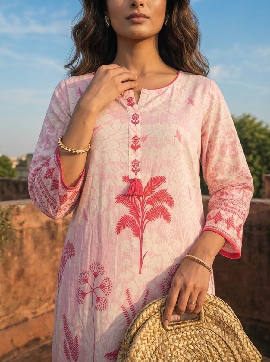 Pink Cotton Palm Tree Printed Three Piece Set