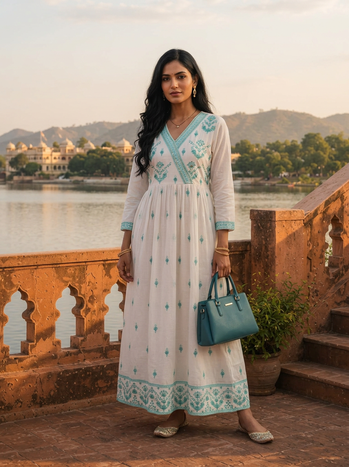 Sea Green Cotton Traditional Motifs Thread Embroidered Three Piece Set