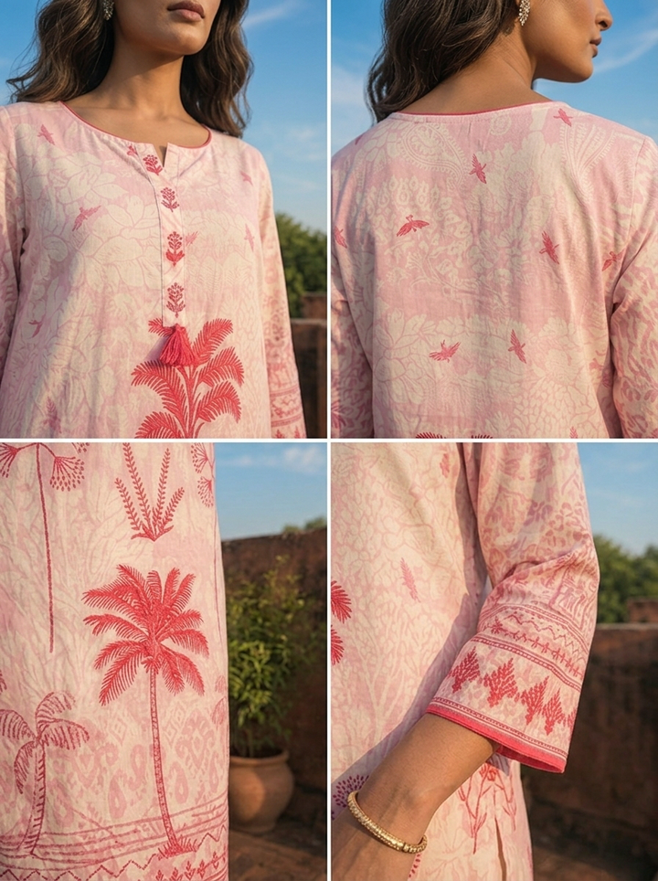 Pink Cotton Palm Tree Printed Three Piece Set