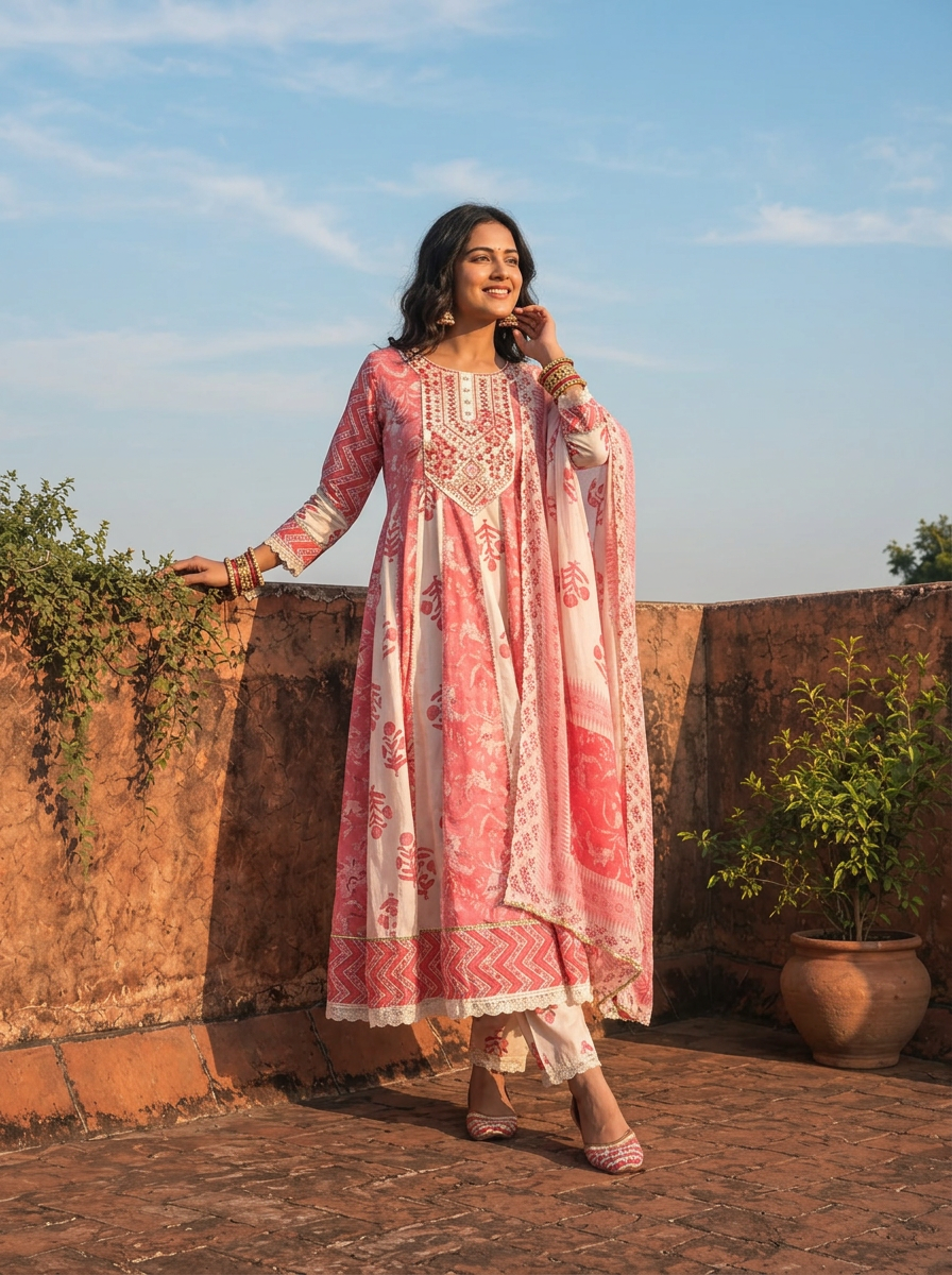 Pink Cotton Mixed Block Printed Three Piece Set