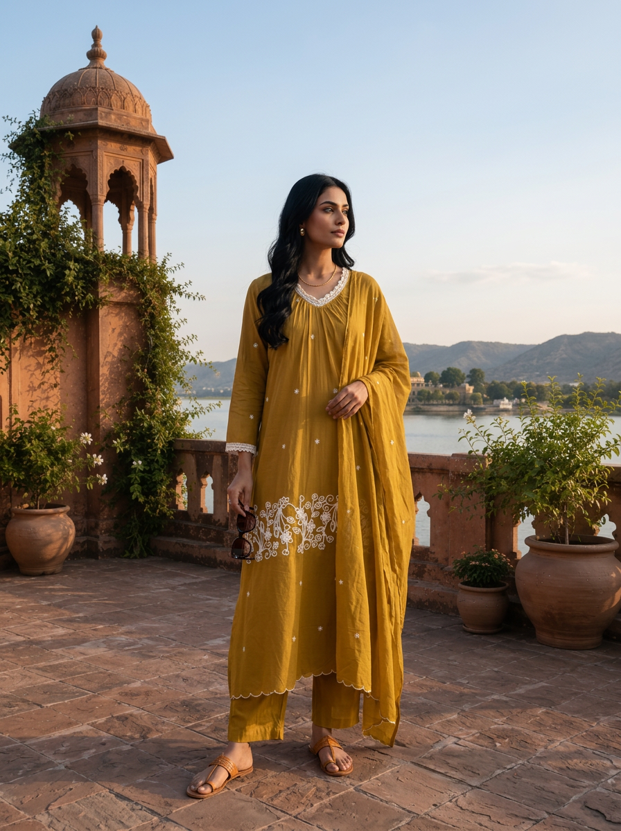 Mehadi Green Cotton Thread Floral Jaal Embroidered Three Piece Set