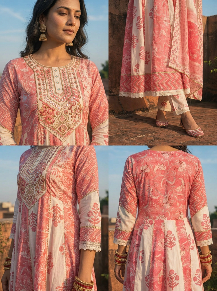 Pink Cotton Mixed Block Printed Three Piece Set