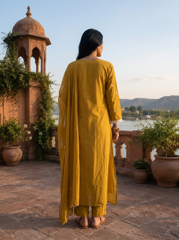 Mehadi Green Cotton Thread Floral Jaal Embroidered Three Piece Set