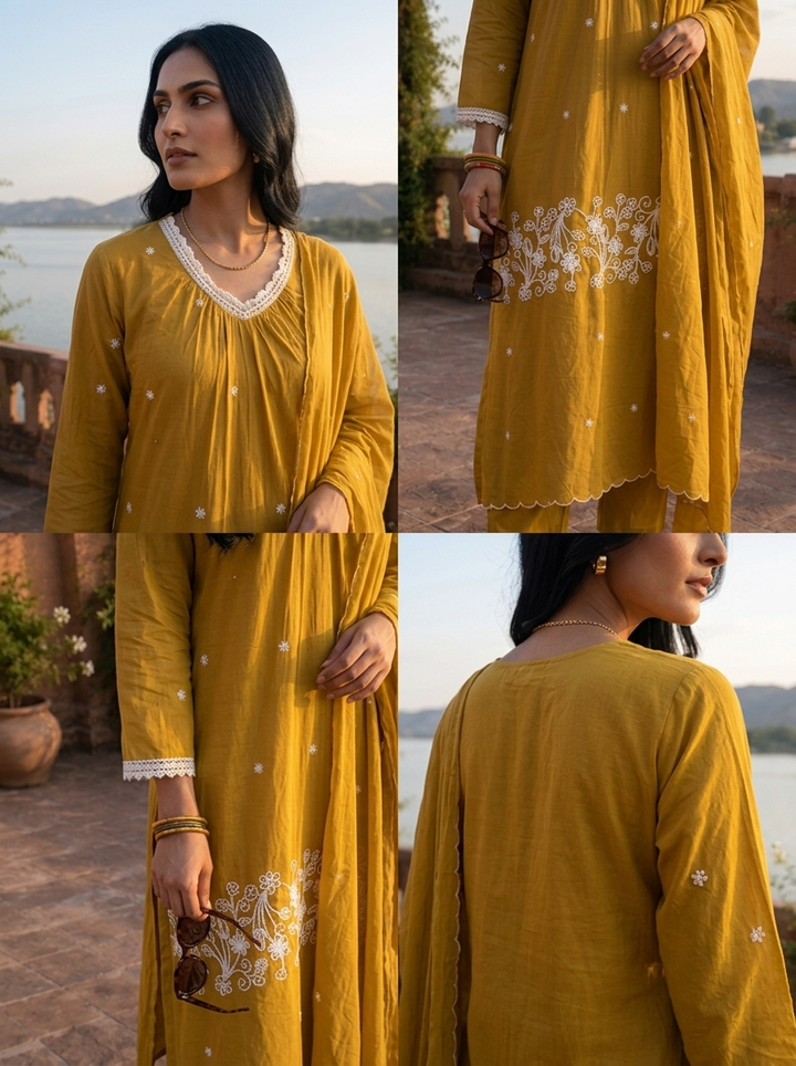 Mehadi Green Cotton Thread Floral Jaal Embroidered Three Piece Set