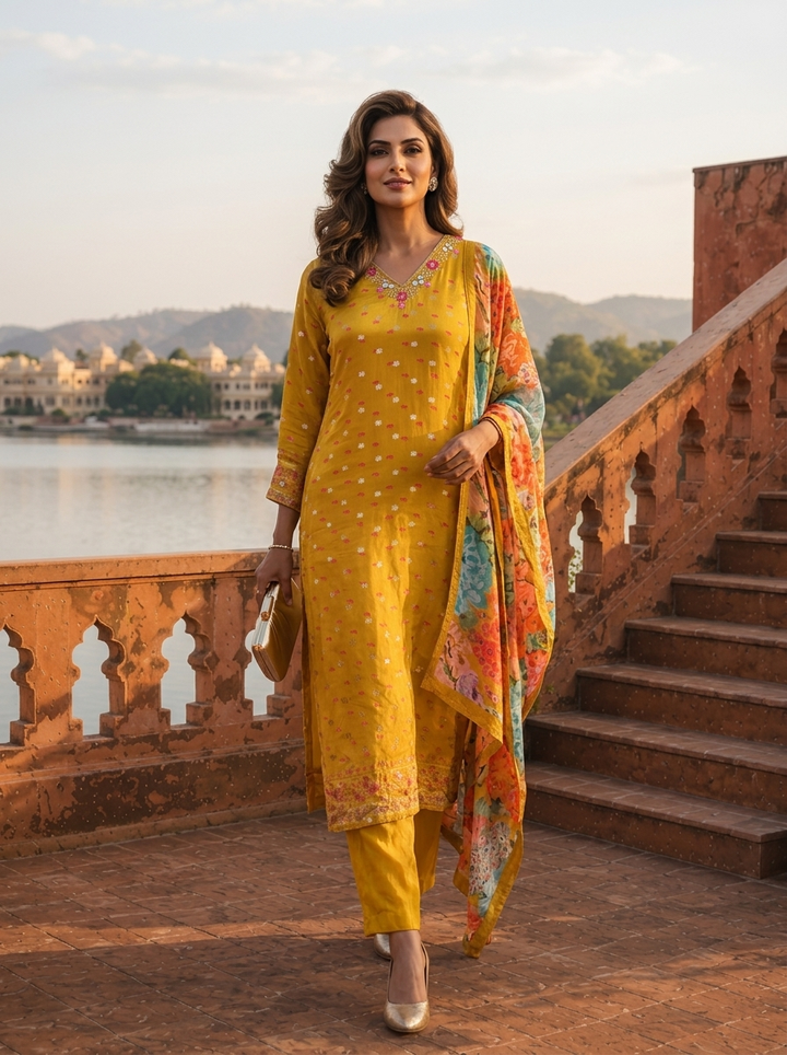 Mustard Silk Tiny Floral Butti Printed Three Piece Set