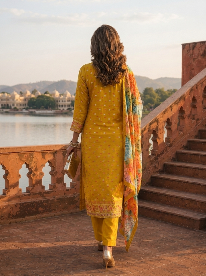 Mustard Silk Tiny Floral Butti Printed Three Piece Set