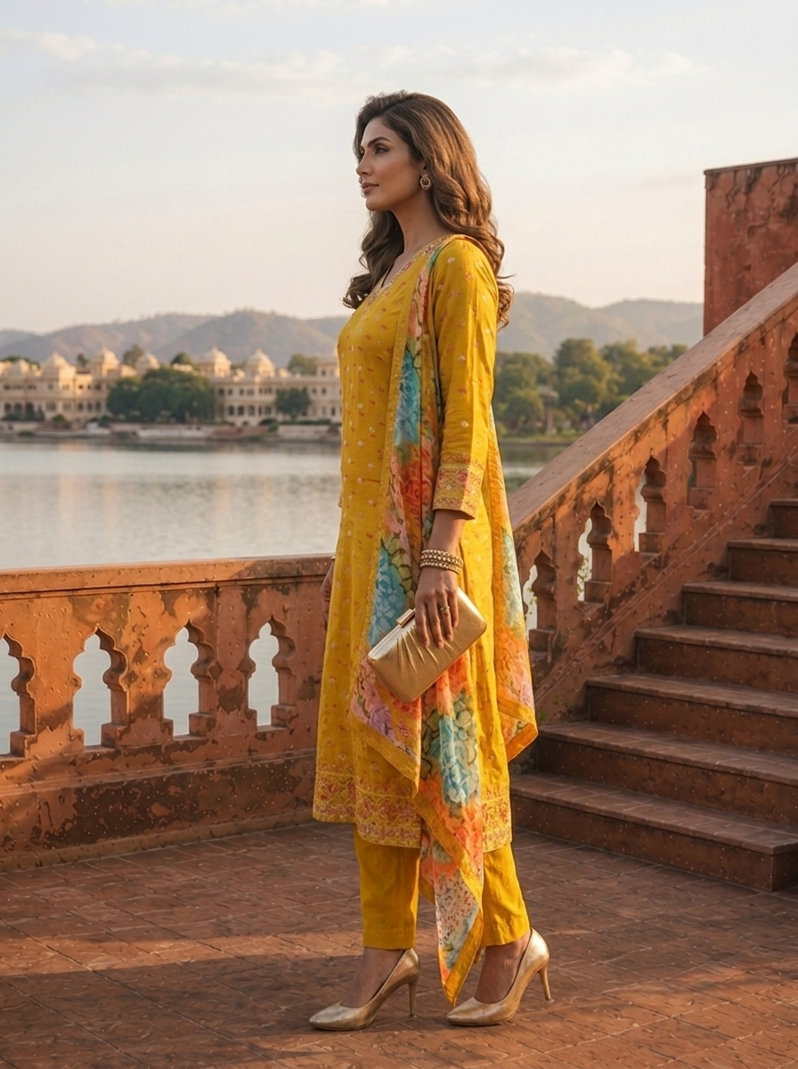Mustard Silk Tiny Floral Butti Printed Three Piece Set