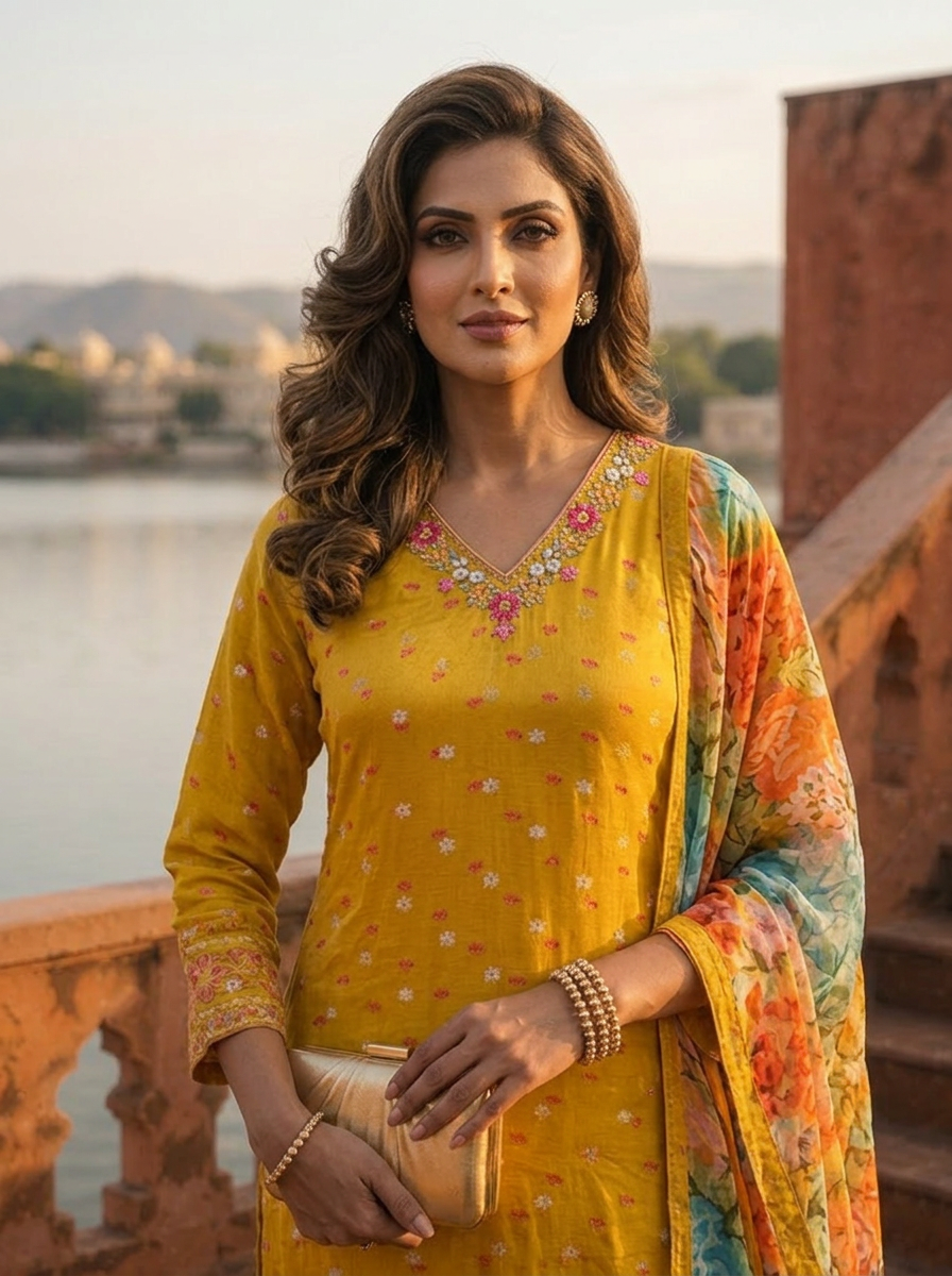 Mustard Silk Tiny Floral Butti Printed Three Piece Set