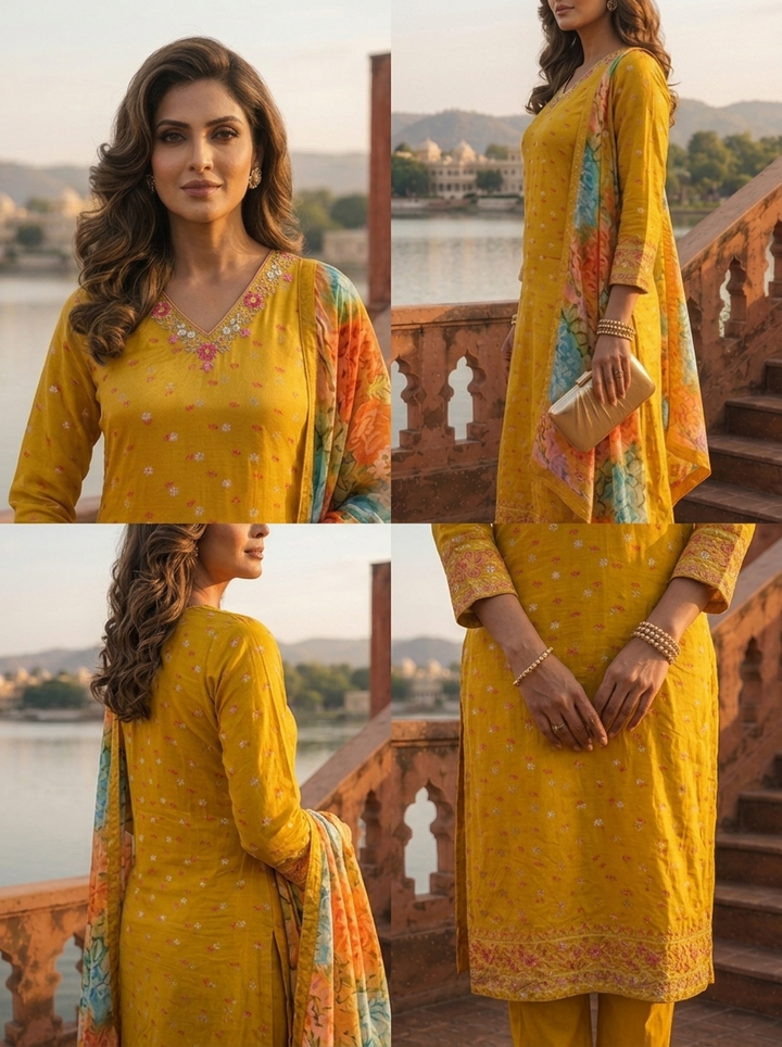 Mustard Silk Tiny Floral Butti Printed Three Piece Set
