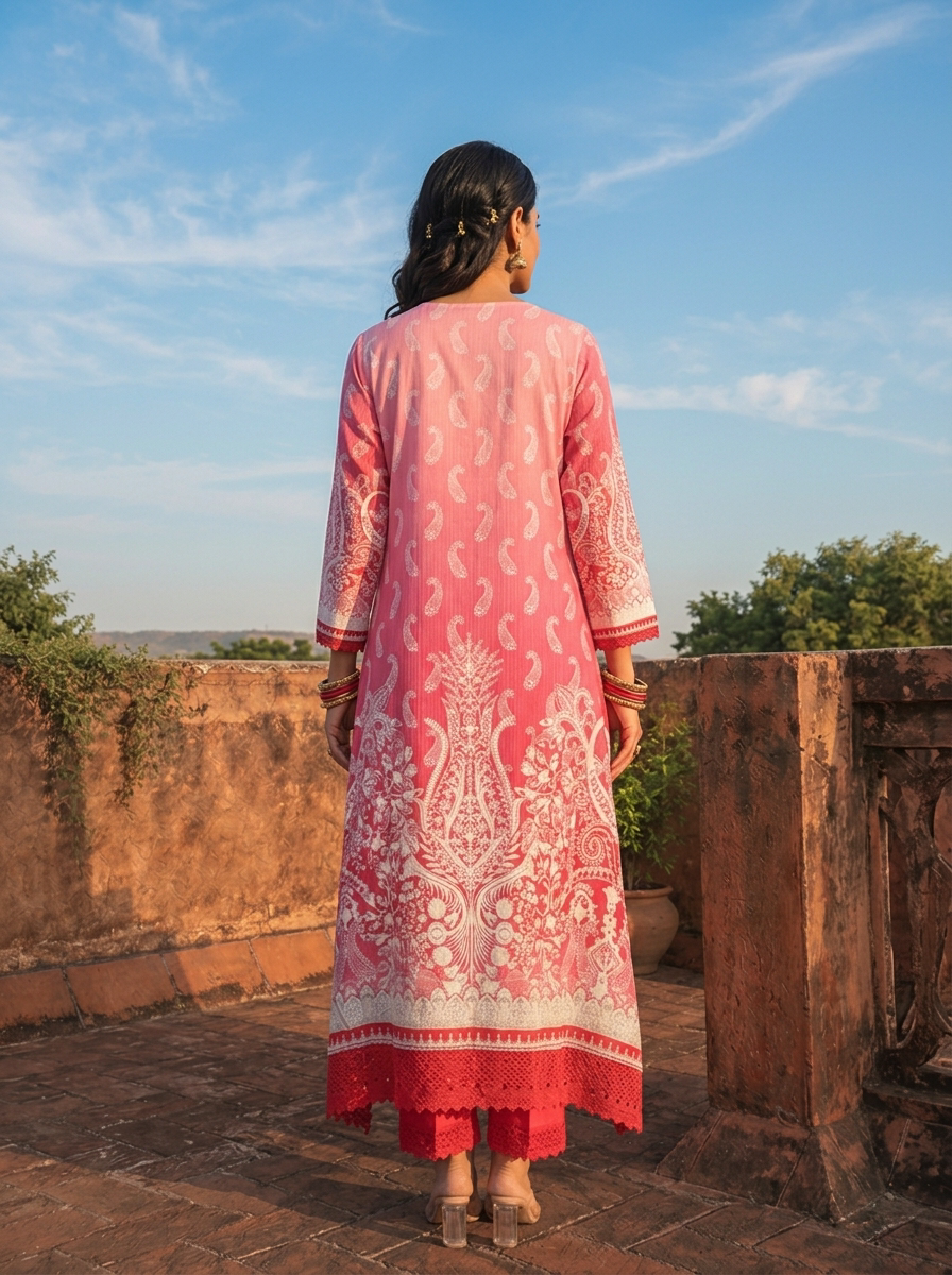 Rani Pink Rayon Baroque Jaal Printed With Crochet Lace Border Three Piece Set
