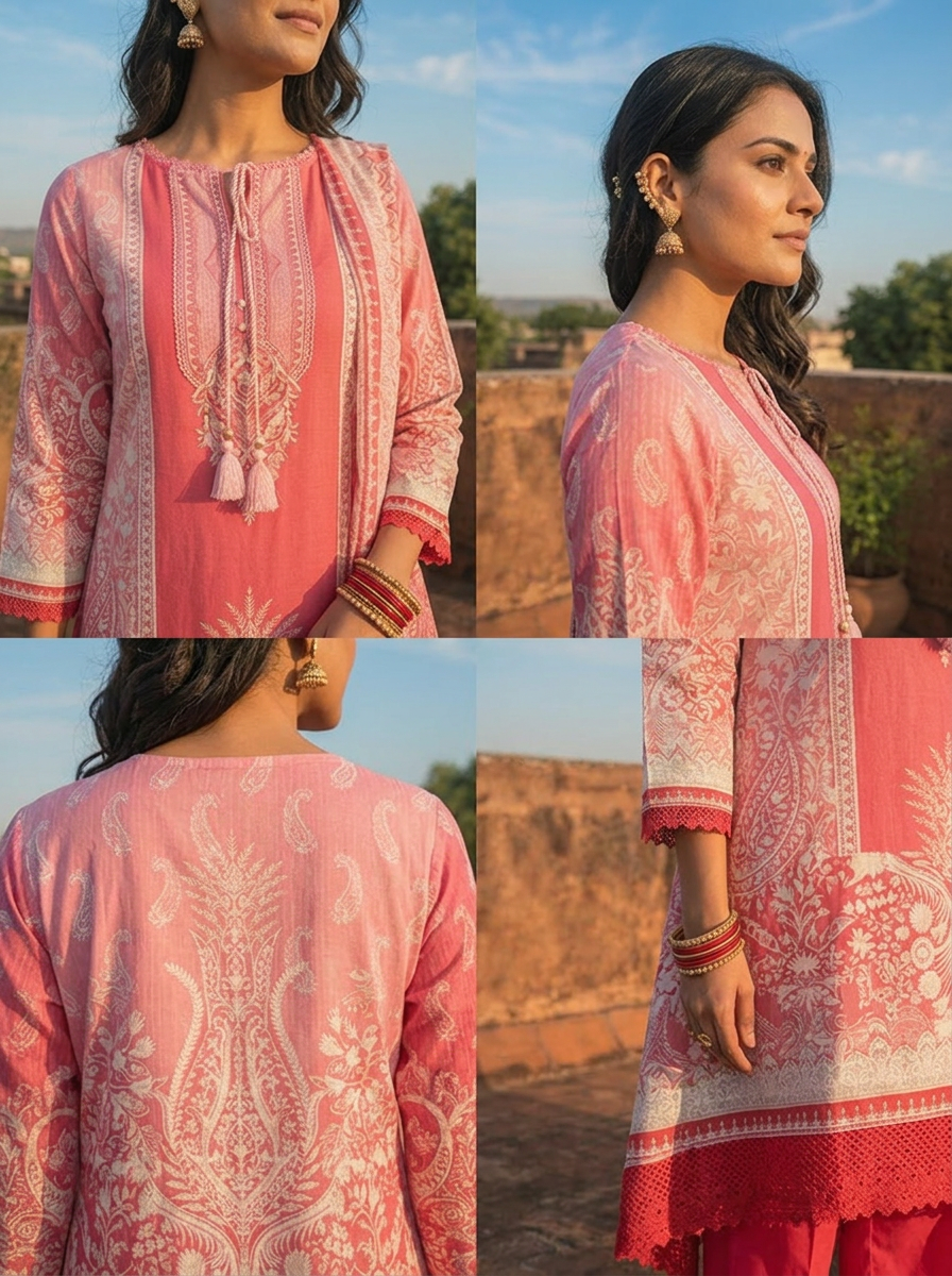 Rani Pink Rayon Baroque Jaal Printed With Crochet Lace Border Three Piece Set