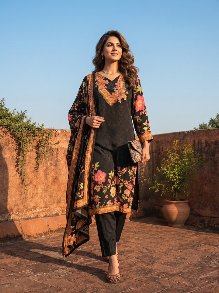 Black Crepe Subtle Self Floral Jacquard Printed Three Piece Set