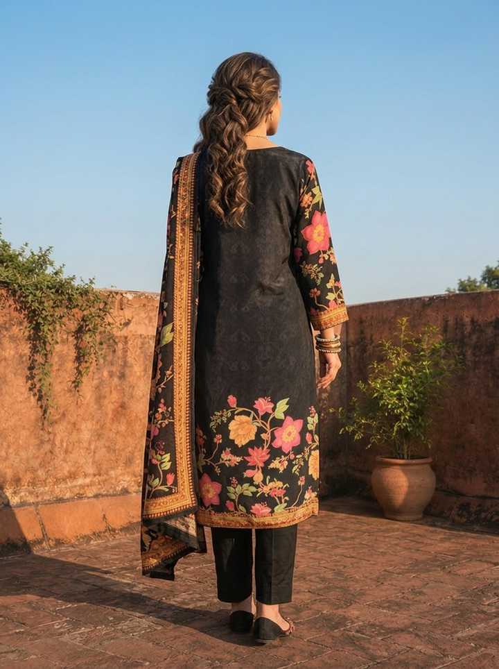 Black Crepe Subtle Self Floral Jacquard Printed Three Piece Set
