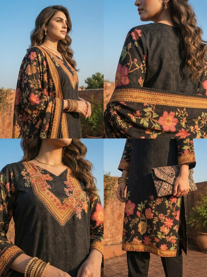 Black Crepe Subtle Self Floral Jacquard Printed Three Piece Set