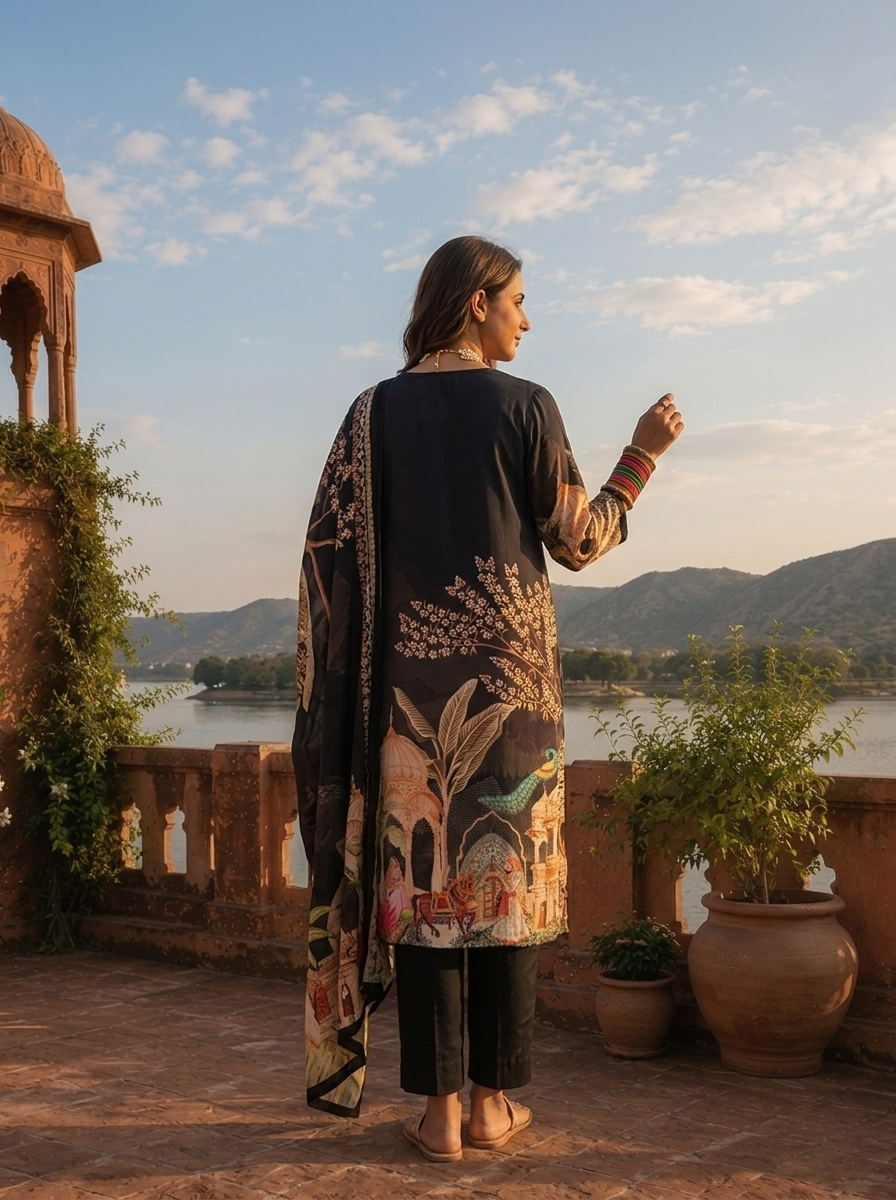 Black Crepe Mughal Darbar Digital Printed Three Piece Set
