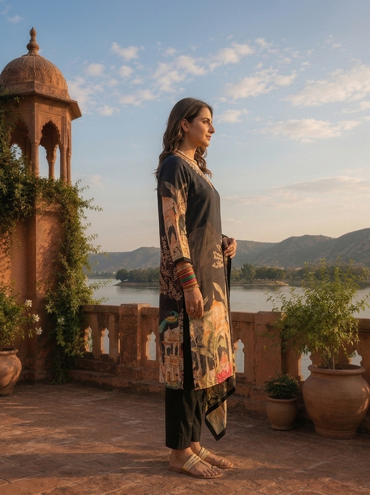 Black Crepe Mughal Darbar Digital Printed Three Piece Set