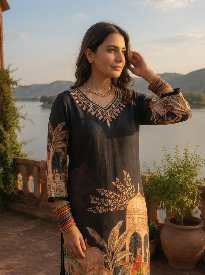 Black Crepe Mughal Darbar Digital Printed Three Piece Set