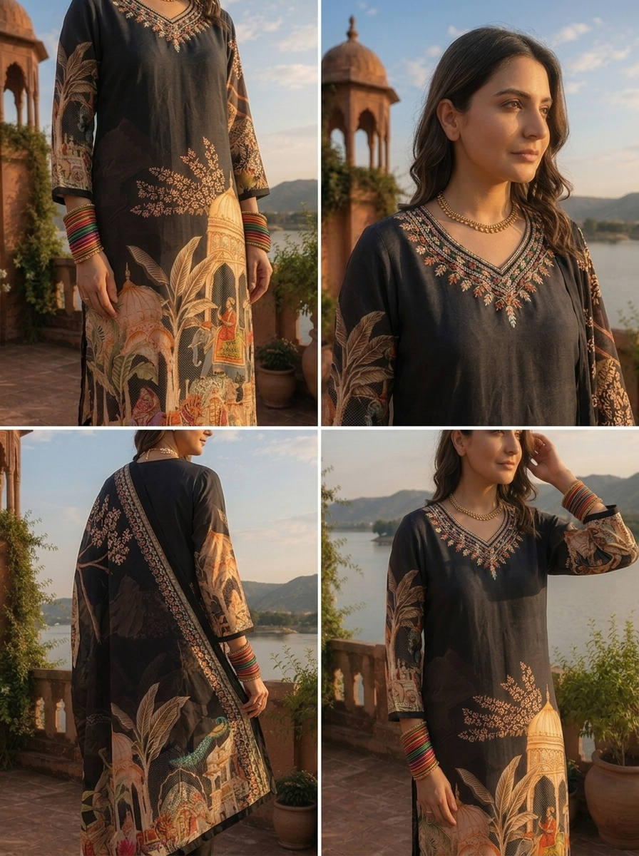 Black Crepe Mughal Darbar Digital Printed Three Piece Set