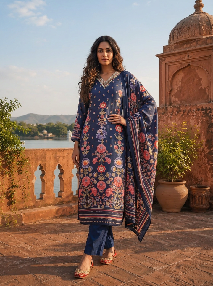 Navy Blue Cotton Vertical Floral Jaal Printed Three Piece Set