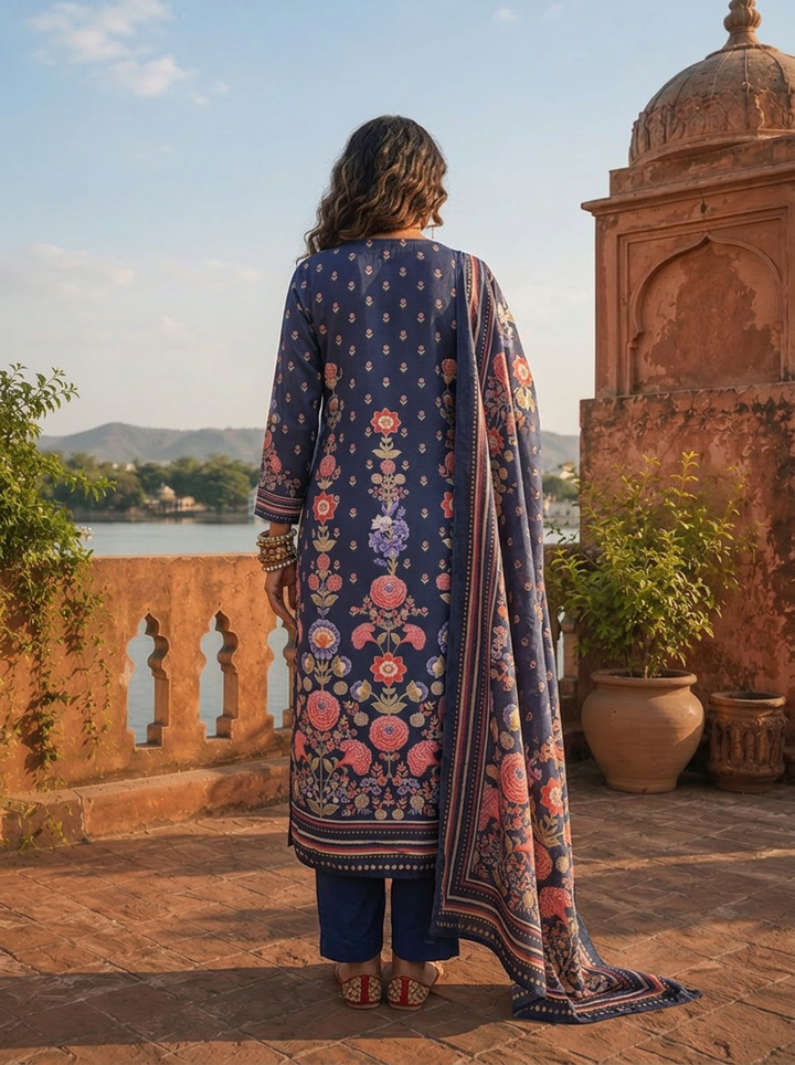 Navy Blue Cotton Vertical Floral Jaal Printed Three Piece Set