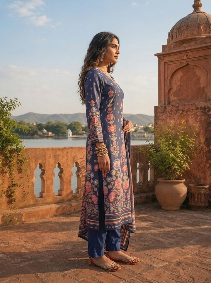 Navy Blue Cotton Vertical Floral Jaal Printed Three Piece Set