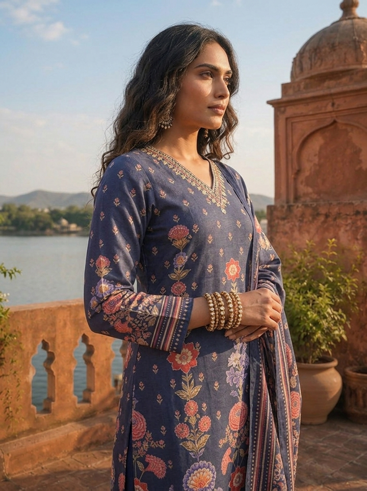 Navy Blue Cotton Vertical Floral Jaal Printed Three Piece Set