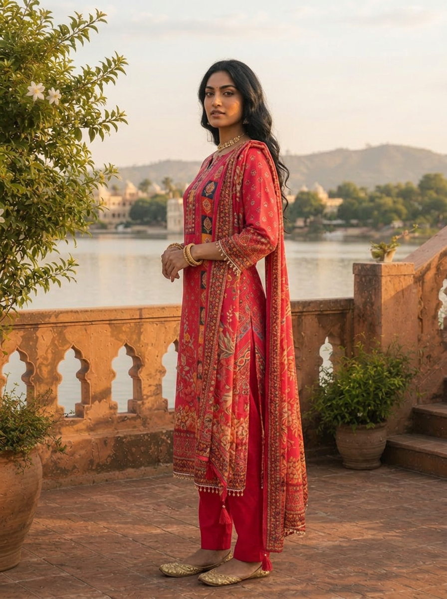 Rani Pink Crepe Parsi Jaal Printed Three Piece Set