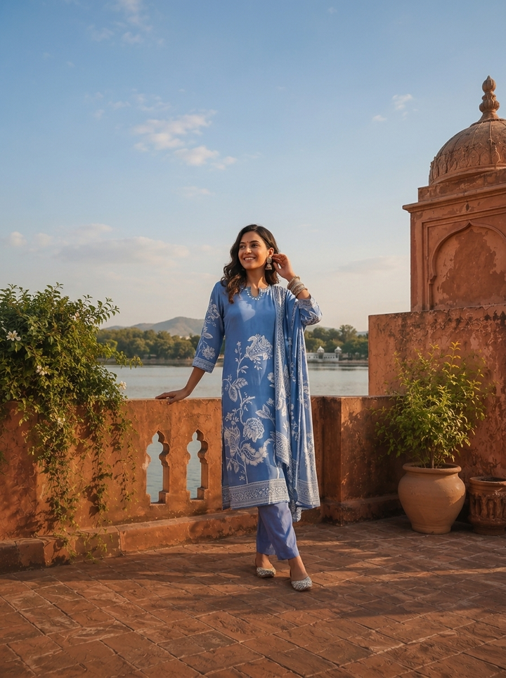 Blue Crepe Leaf Vine Motifs Printed Three Piece Set