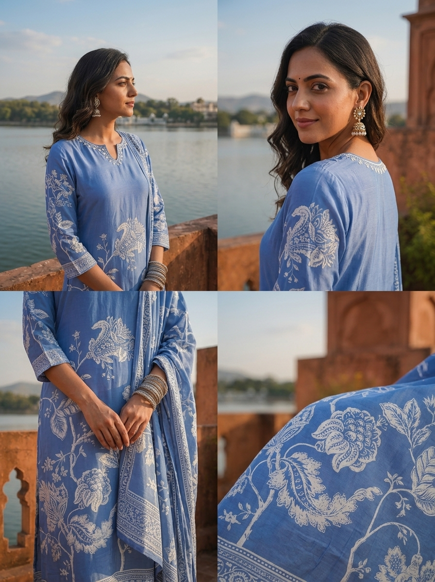 Blue Crepe Leaf Vine Motifs Printed Three Piece Set