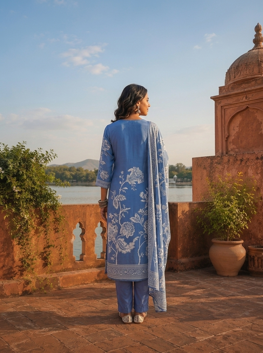 Blue Crepe Leaf Vine Motifs Printed Three Piece Set
