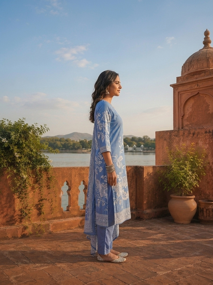 Blue Crepe Leaf Vine Motifs Printed Three Piece Set
