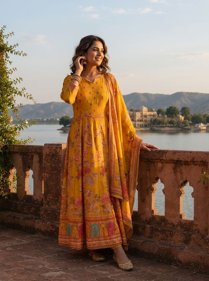 Mustard Cotton Floral Jaal With Jharokha Border Printed Three Piece Set