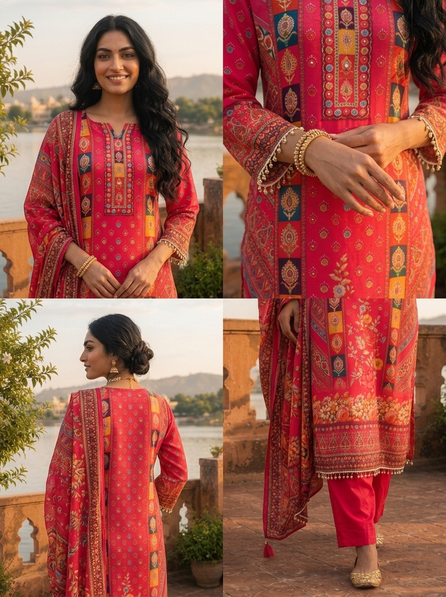 Rani Pink Crepe Parsi Jaal Printed Three Piece Set