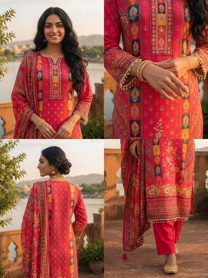 Rani Pink Crepe Parsi Jaal Printed Three Piece Set