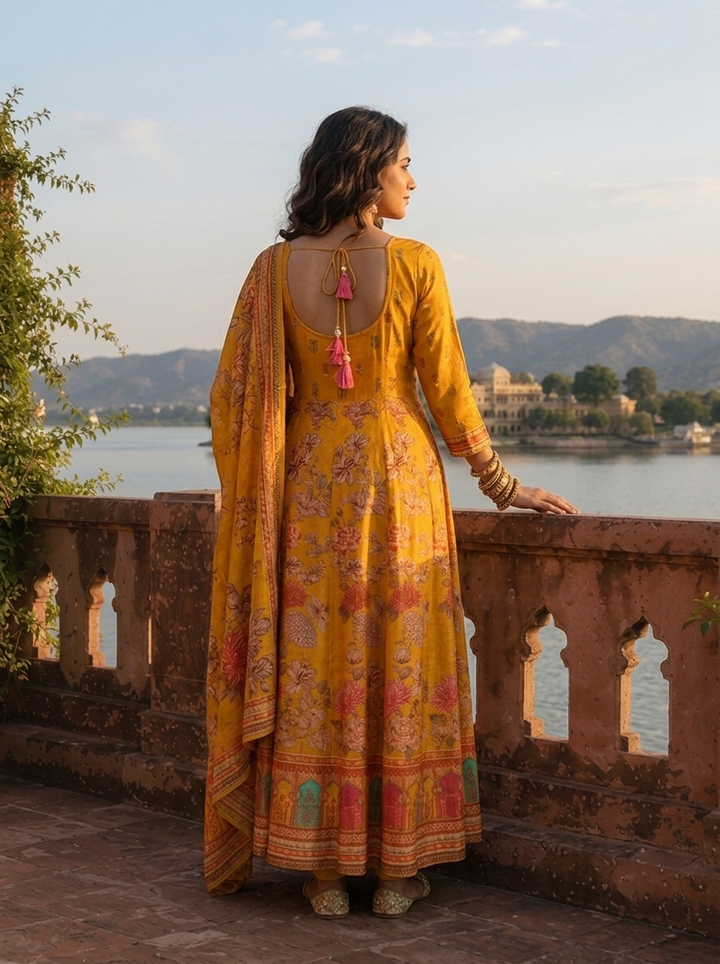 Mustard Cotton Floral Jaal With Jharokha Border Printed Three Piece Set