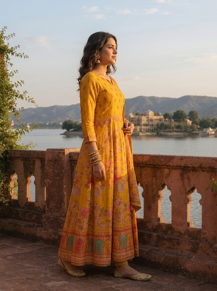 Mustard Cotton Floral Jaal With Jharokha Border Printed Three Piece Set
